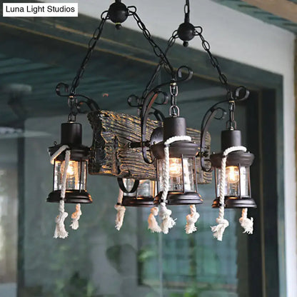 Rustic wood island lamp with hemp rope lanterns kitchen chandelier