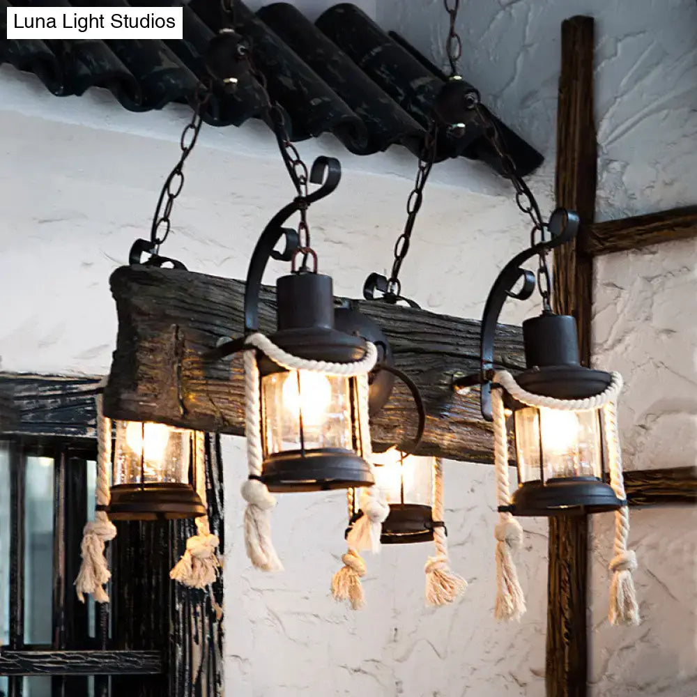 Rustic wood island lamp with hemp rope lanterns kitchen chandelier