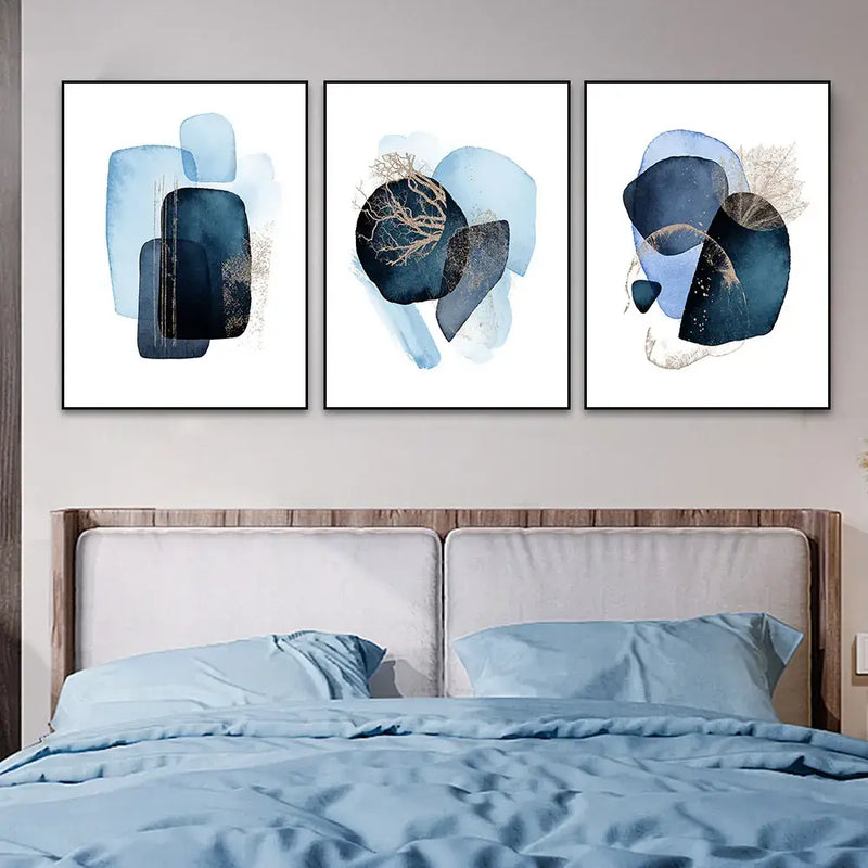 Abstract navy blue geometric wall art set – living room decor