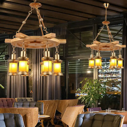 Rustic industrial wood spool pendant chandelier dining room light