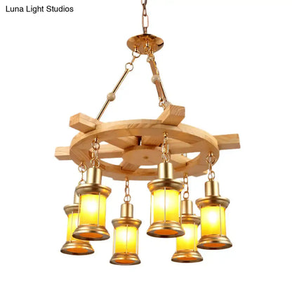Rustic industrial wood spool pendant chandelier dining room light