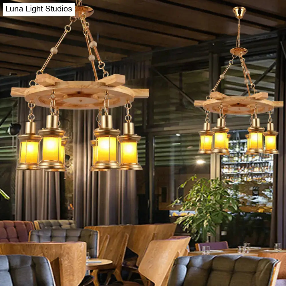 Rustic industrial wood spool pendant chandelier dining room light