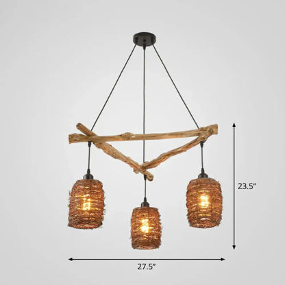 Rustic brown branch ceiling light – bedroom woven wicker chandelier