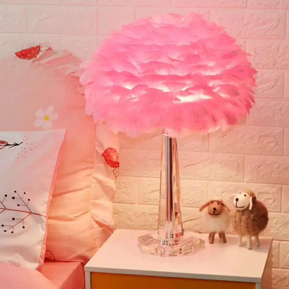 Pink feather shade table light with crystal accent bedroom lamp