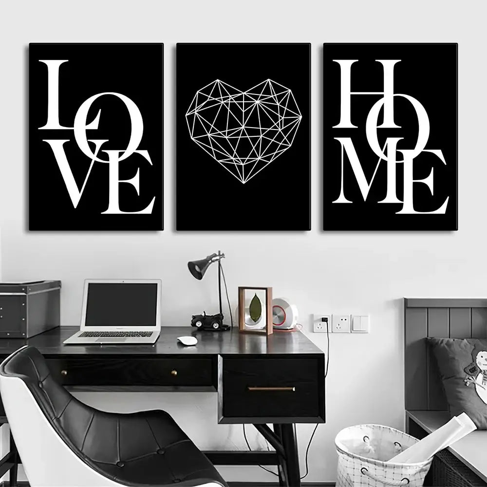 Nordic diamond heart black & white canvas prints bedroom wall art