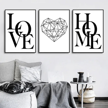 Nordic diamond heart black & white canvas prints bedroom wall art