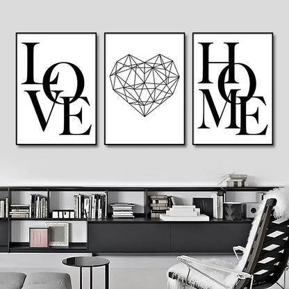 Nordic diamond heart black & white canvas prints bedroom wall art