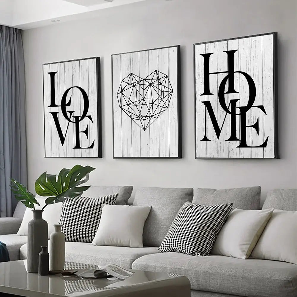 Nordic diamond heart black & white canvas prints bedroom wall art