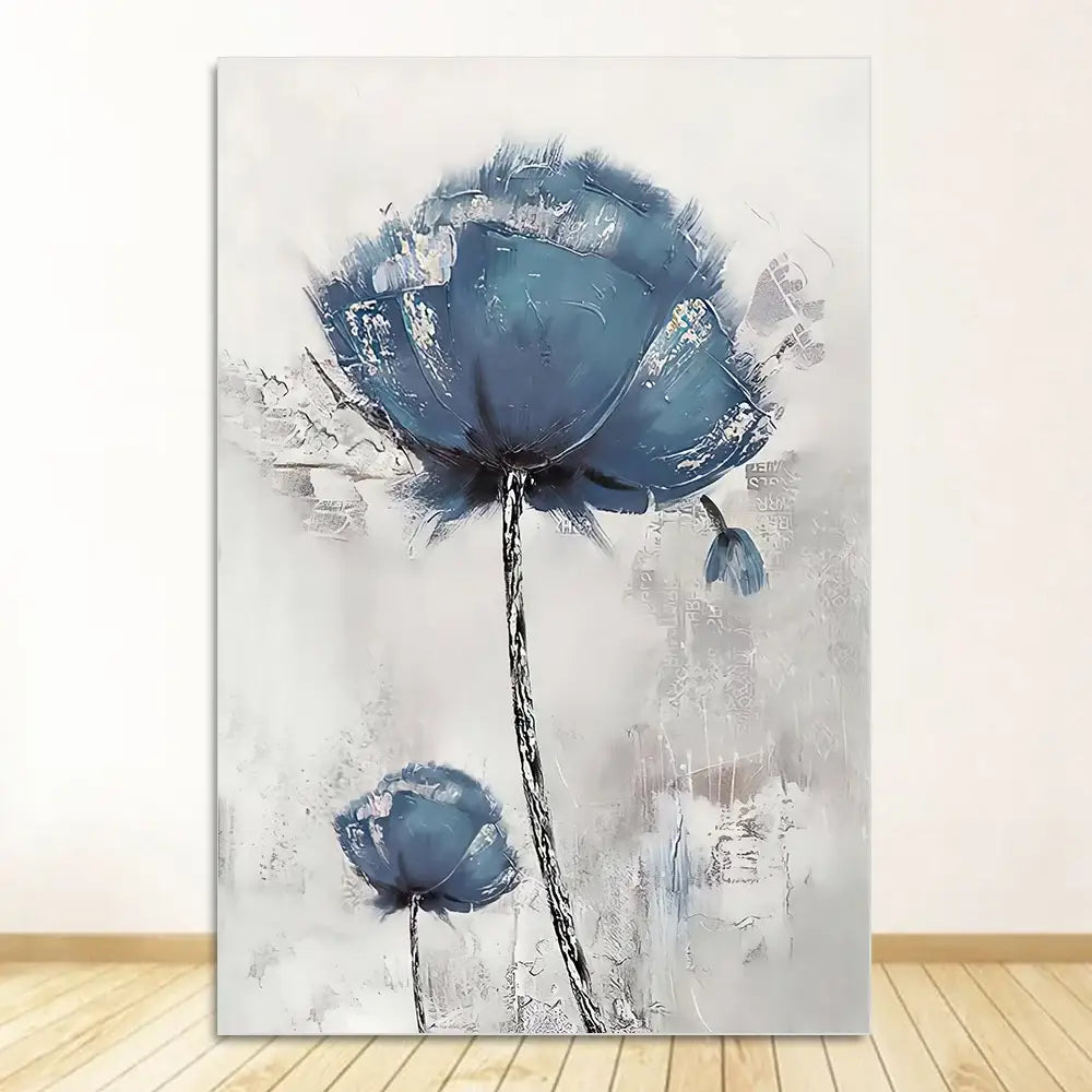 Blue & gold flower abstract framed canvas art set living room decor