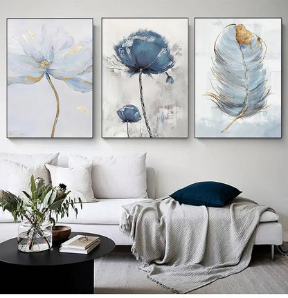 Blue & gold flower abstract framed canvas art set living room decor