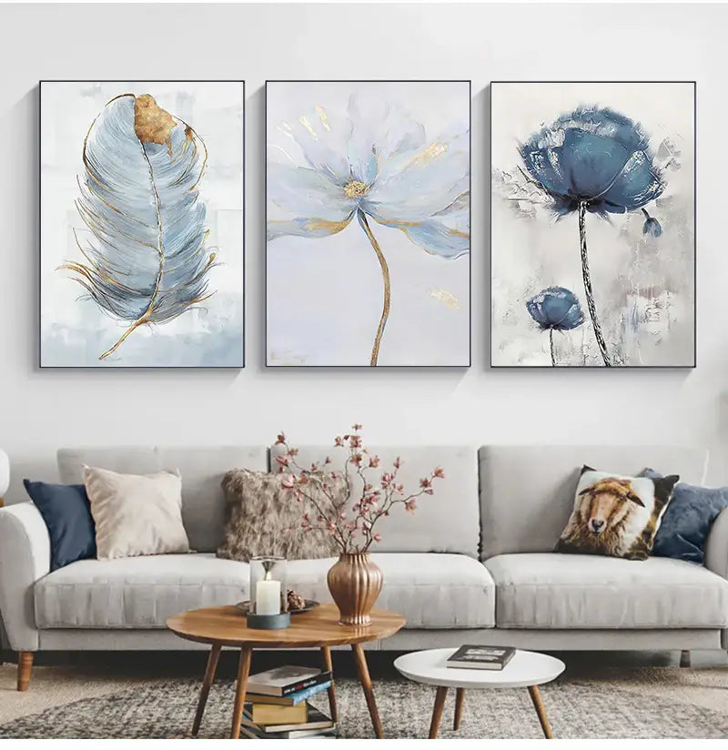 Blue & gold flower abstract framed canvas art set living room decor