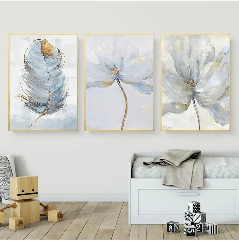 Blue & gold flower abstract framed canvas art set living room decor