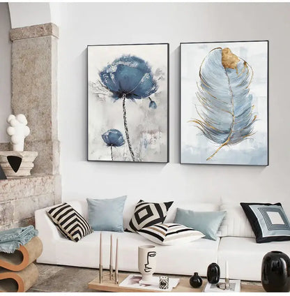 Blue & gold flower abstract framed canvas art set living room decor