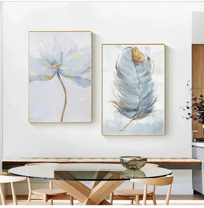 Blue & gold flower abstract framed canvas art set living room decor