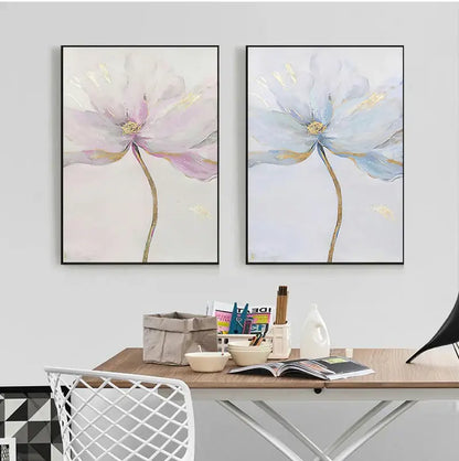 Blue & gold flower abstract framed canvas art set living room decor