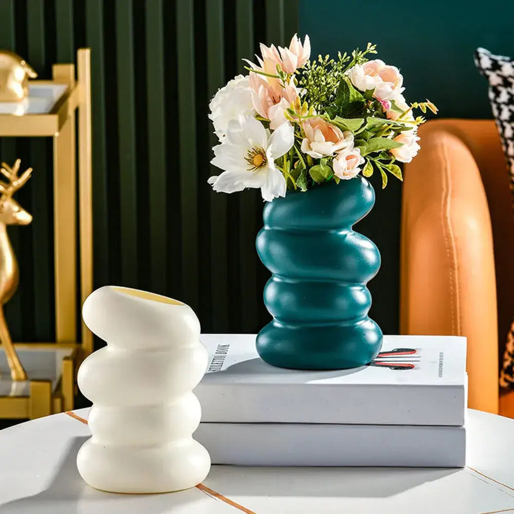 Modern matte white stacked ceramic flower vase living room decor