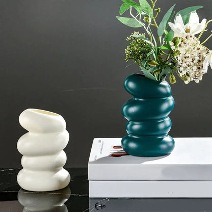 Modern matte white stacked ceramic flower vase living room decor