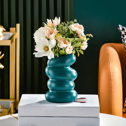 Modern matte white stacked ceramic flower vase living room decor