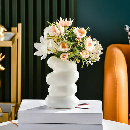Modern matte white stacked ceramic flower vase living room decor