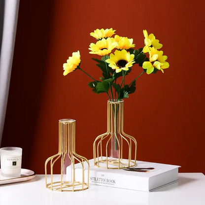 Gold iron and glass vases flower with sunflowers dining room decor