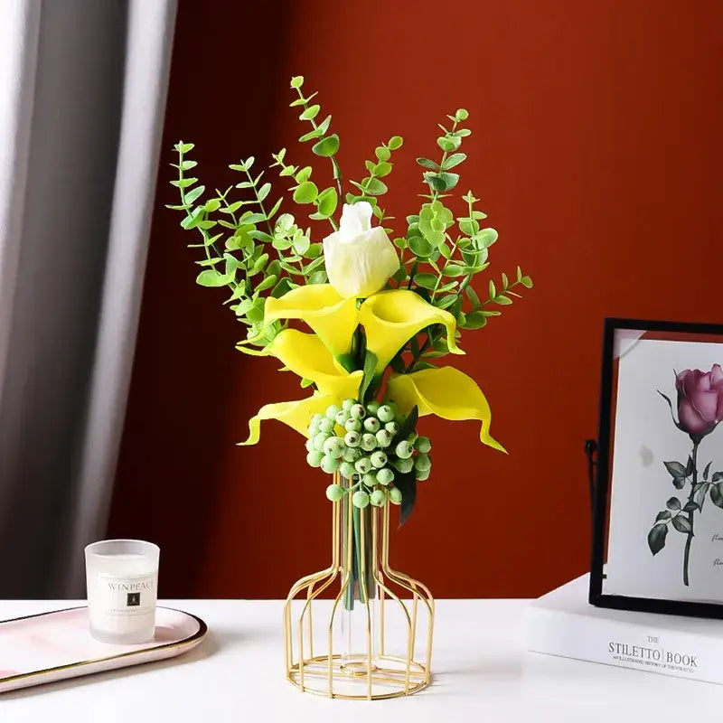 Gold iron and glass vases flower with sunflowers dining room decor