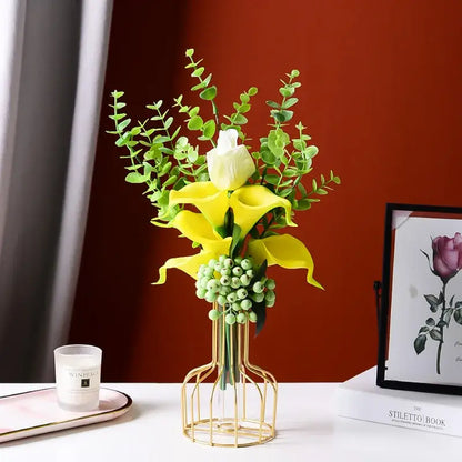 Gold iron and glass vases flower with sunflowers dining room decor