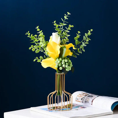 Gold iron and glass vases flower with sunflowers dining room decor