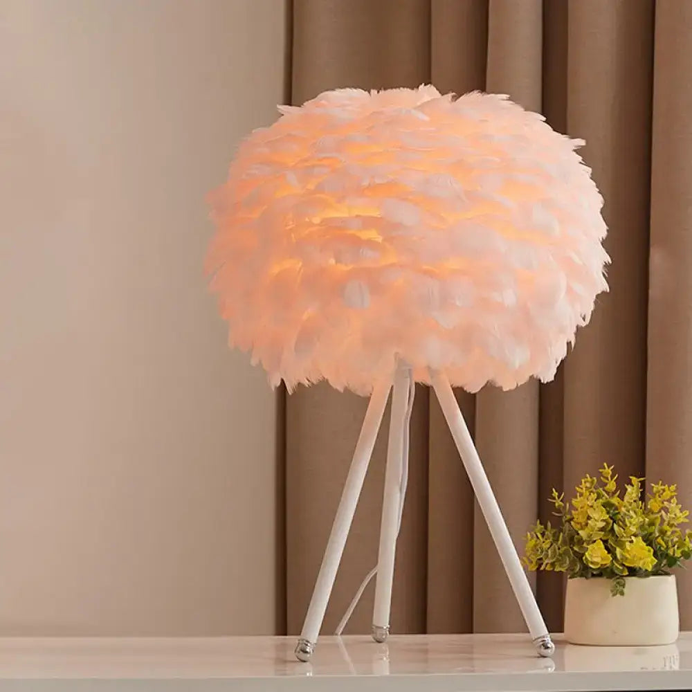Peach goose feather sphere table lamp bedroom tripod night light