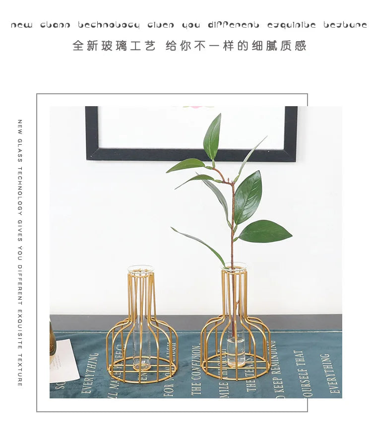 DecorBites™ Nordic Iron Golden Hydroponic Vase with Dried Flowers