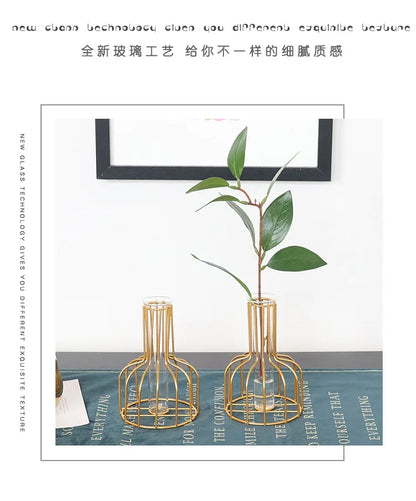 DecorBites™ Nordic Iron Golden Hydroponic Vase with Dried Flowers