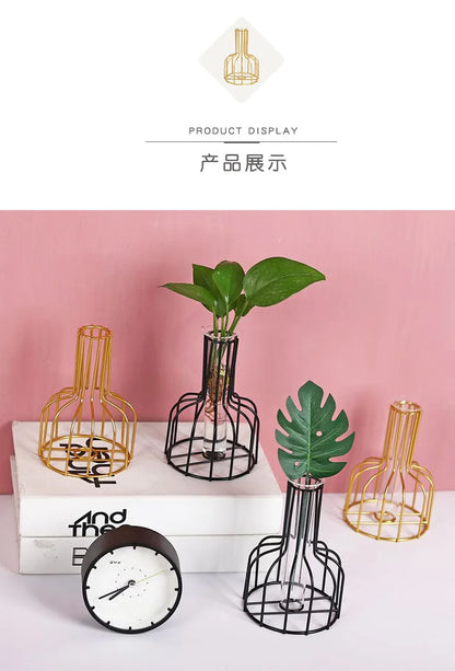 DecorBites™ Nordic Iron Golden Hydroponic Vase with Dried Flowers