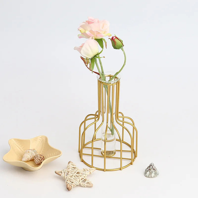 DecorBites™ Nordic Iron Golden Hydroponic Vase with Dried Flowers
