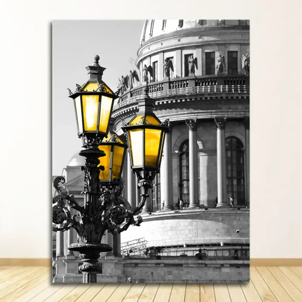 Vintage black wrought iron street lamp nordic landscape canvas living room