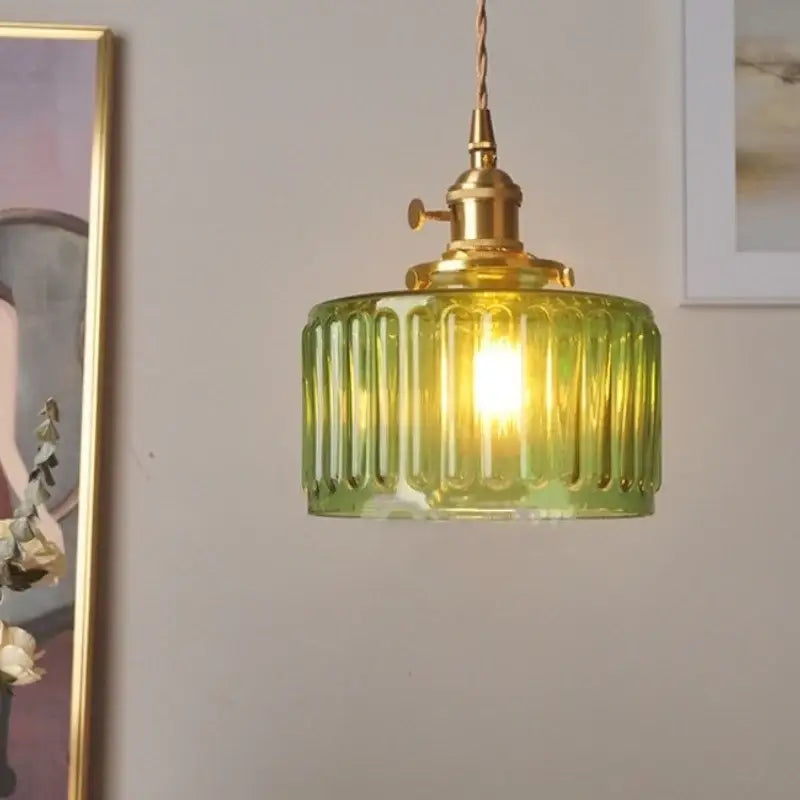 Floral green glass led pendant light kitchen ribbed brass fixture