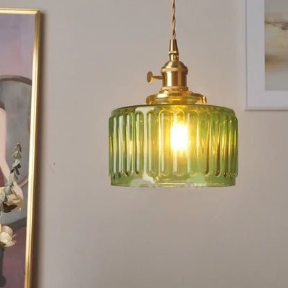 Floral green glass led pendant light kitchen ribbed brass fixture