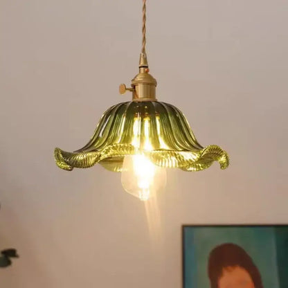 Floral green glass led pendant light kitchen ribbed brass fixture