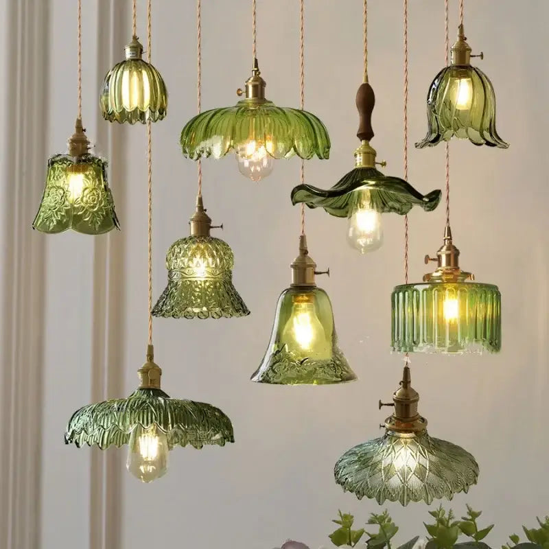 Floral green glass led pendant light kitchen ribbed brass fixture