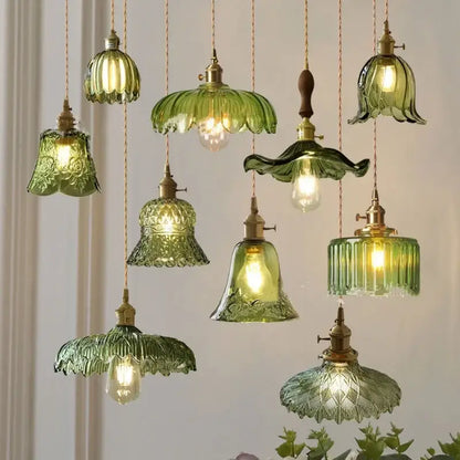 Floral green glass led pendant light kitchen ribbed brass fixture