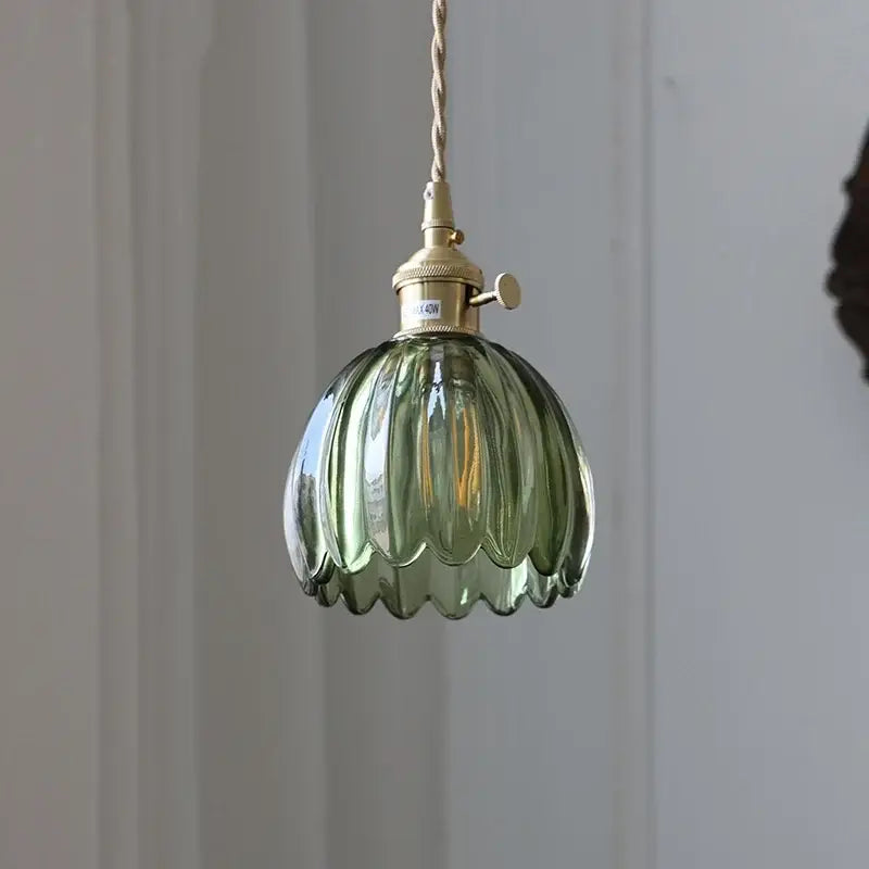Floral green glass led pendant light kitchen ribbed brass fixture