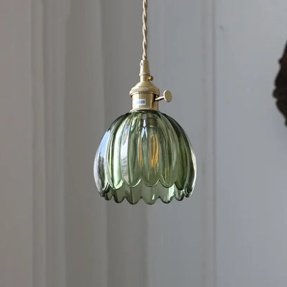 Floral green glass led pendant light kitchen ribbed brass fixture