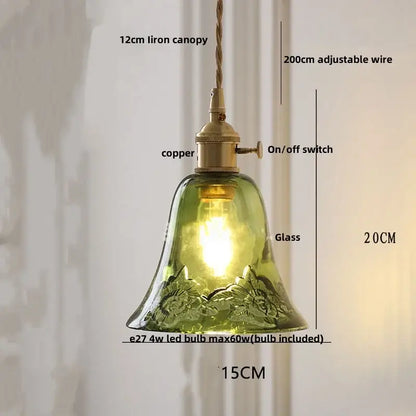 Floral green glass led pendant light kitchen ribbed brass fixture