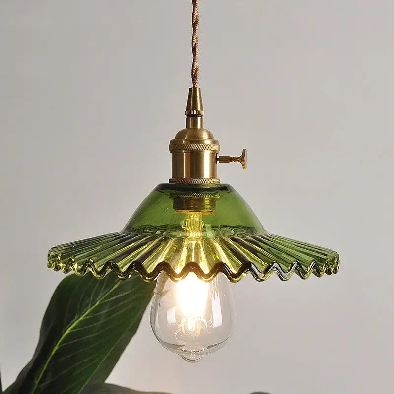 Floral green glass led pendant light kitchen ribbed brass fixture