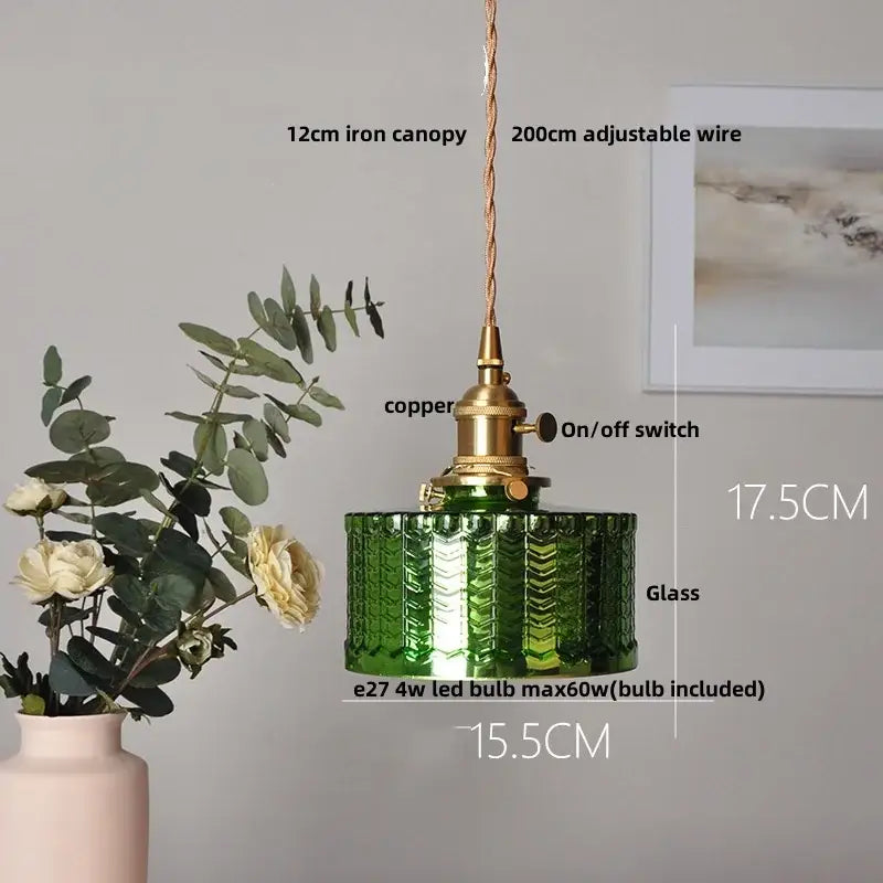 Floral green glass led pendant light kitchen ribbed brass fixture