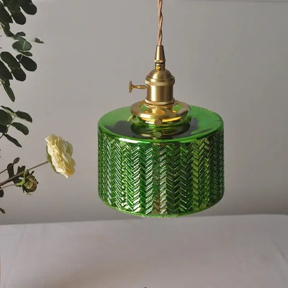 Floral green glass led pendant light kitchen ribbed brass fixture