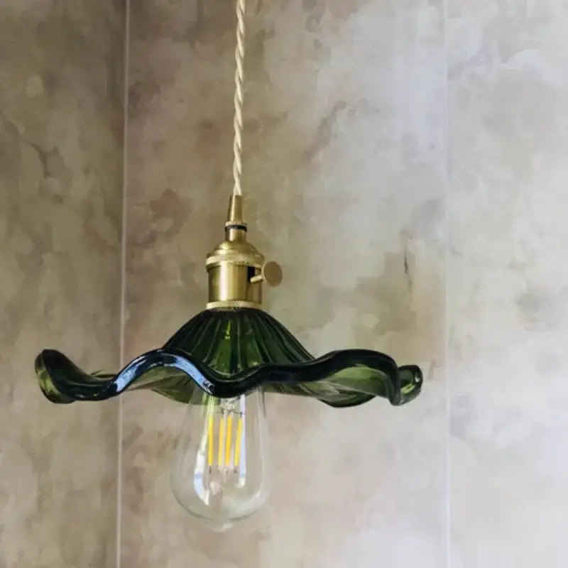 Floral green glass led pendant light kitchen ribbed brass fixture