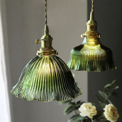 Floral green glass led pendant light kitchen ribbed brass fixture