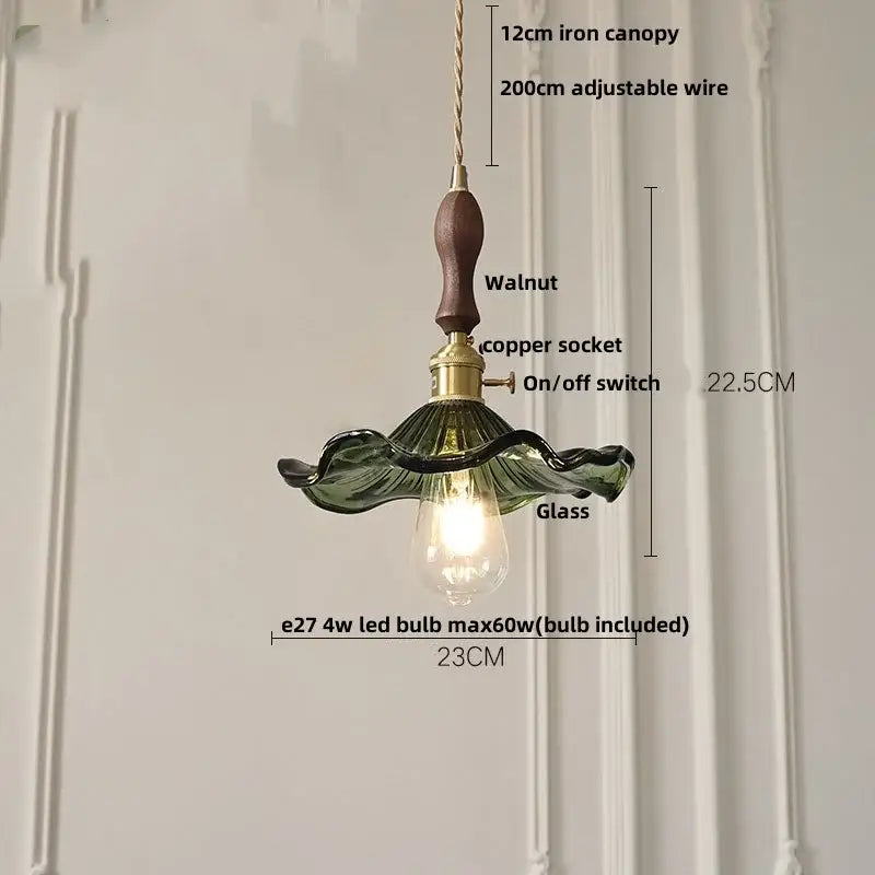 Floral green glass led pendant light kitchen ribbed brass fixture