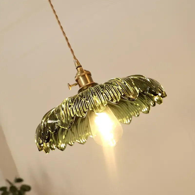 Floral green glass led pendant light kitchen ribbed brass fixture