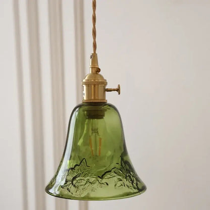 Floral green glass led pendant light kitchen ribbed brass fixture