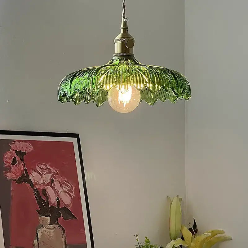 Floral green glass led pendant light kitchen ribbed brass fixture